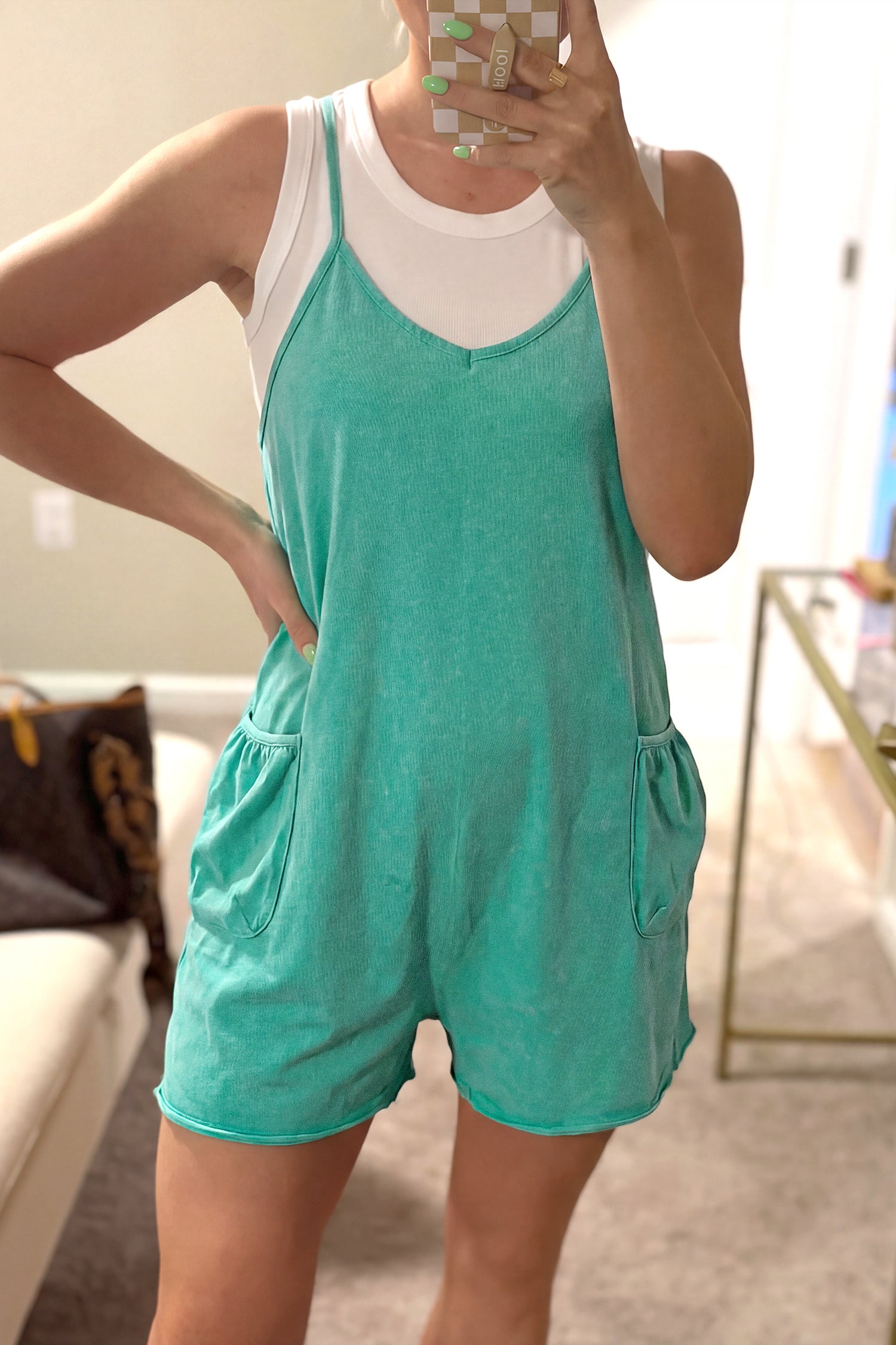 Mint Green Mineral Wash Spaghetti Straps Pocketed Romper