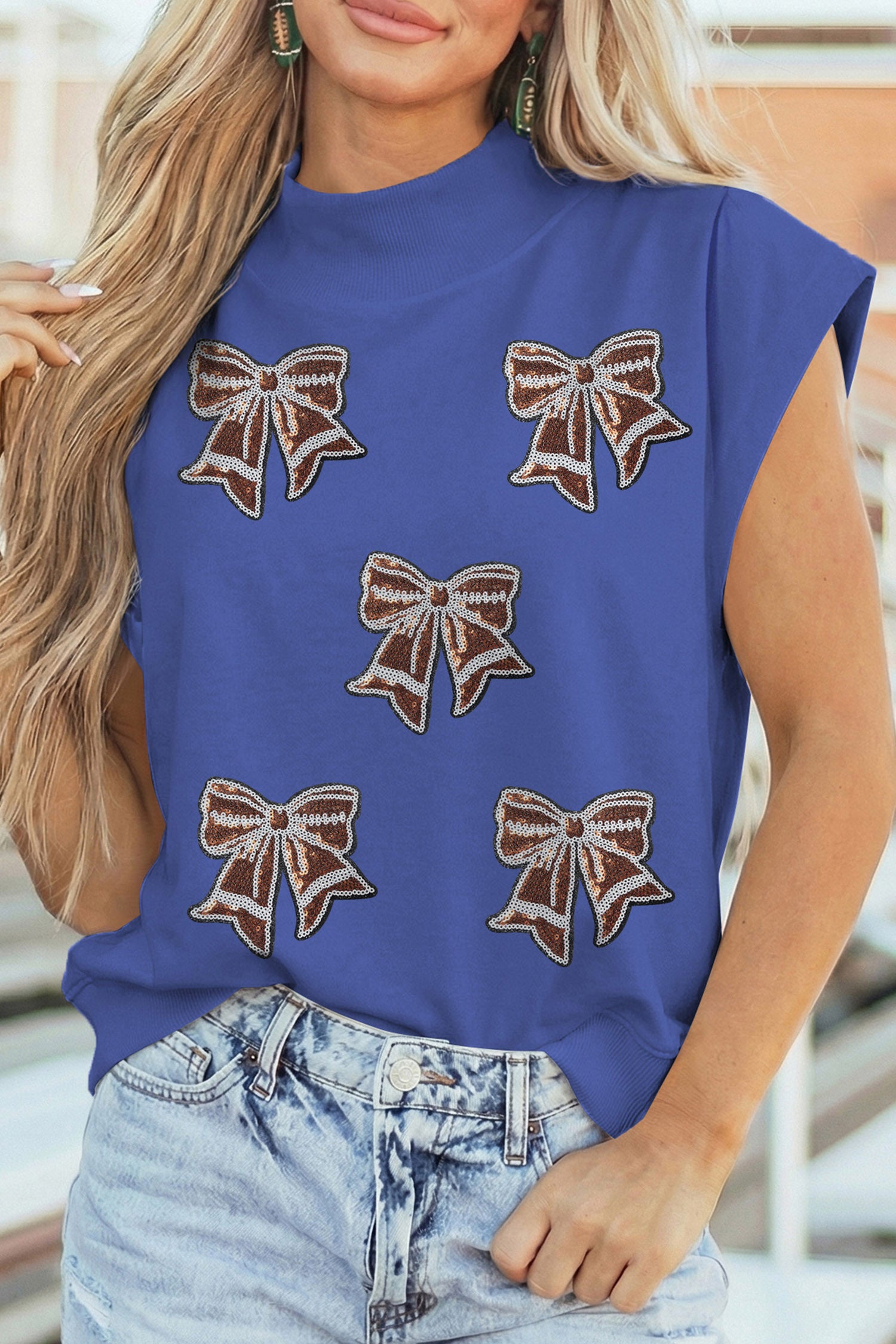 Sky Blue Game Day Sequin Bow High Neck Short Sleeve Top