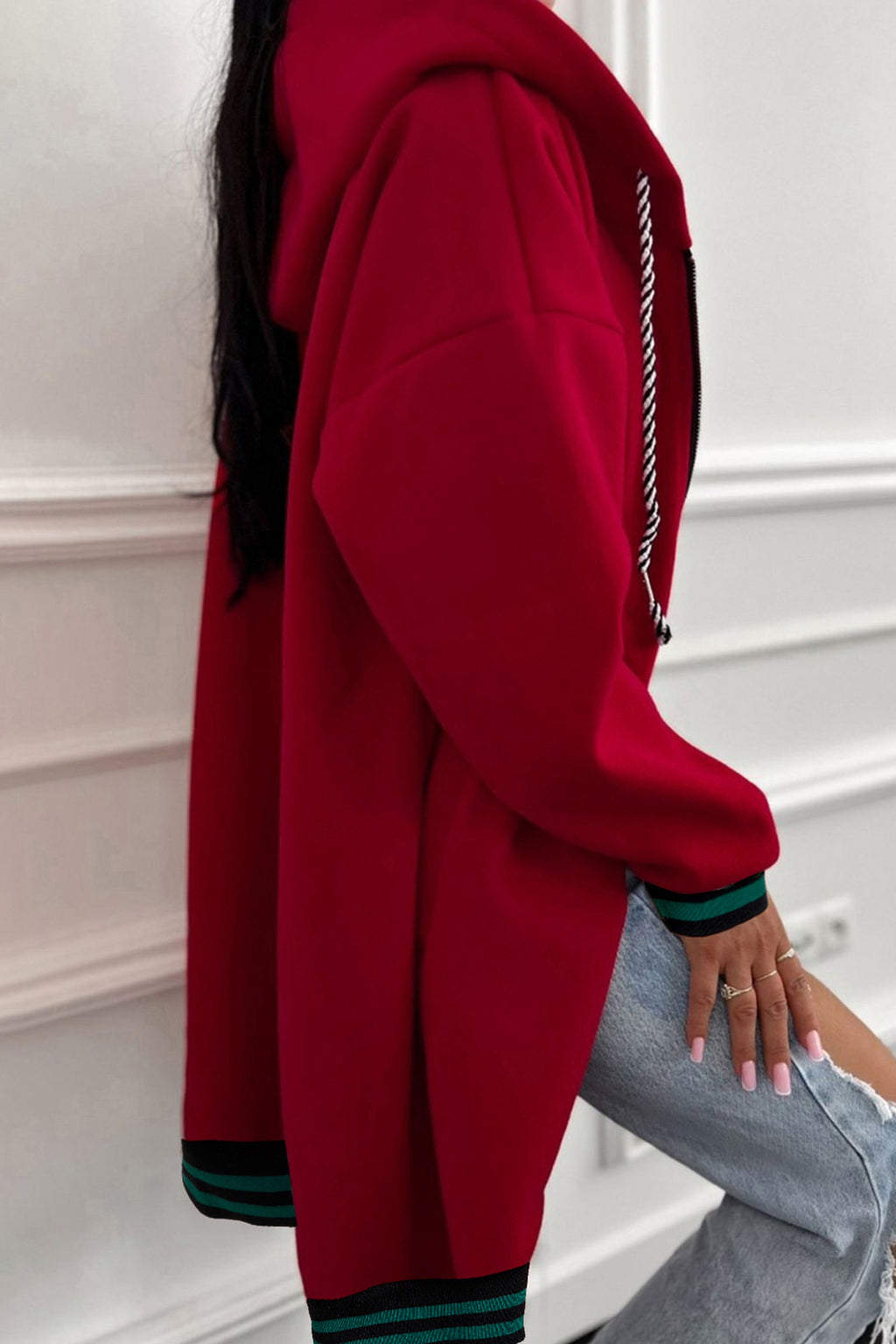 Racing Red Contrast Cuffed Drop Shoulder Zip up Tunic Hoodie