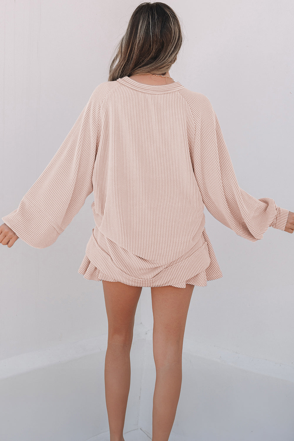 Sky Blue Corded Lantern Sleeve Top High Waist Ruffled Mini Skort Set