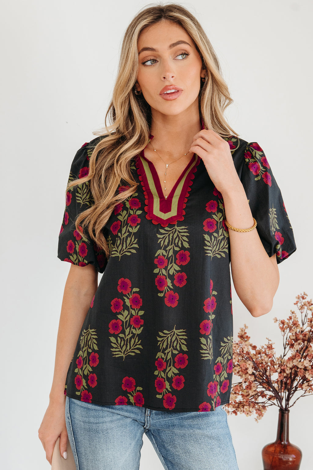 Black Floral Short Bubble Sleeve Contrast Slit Neckline Blouse