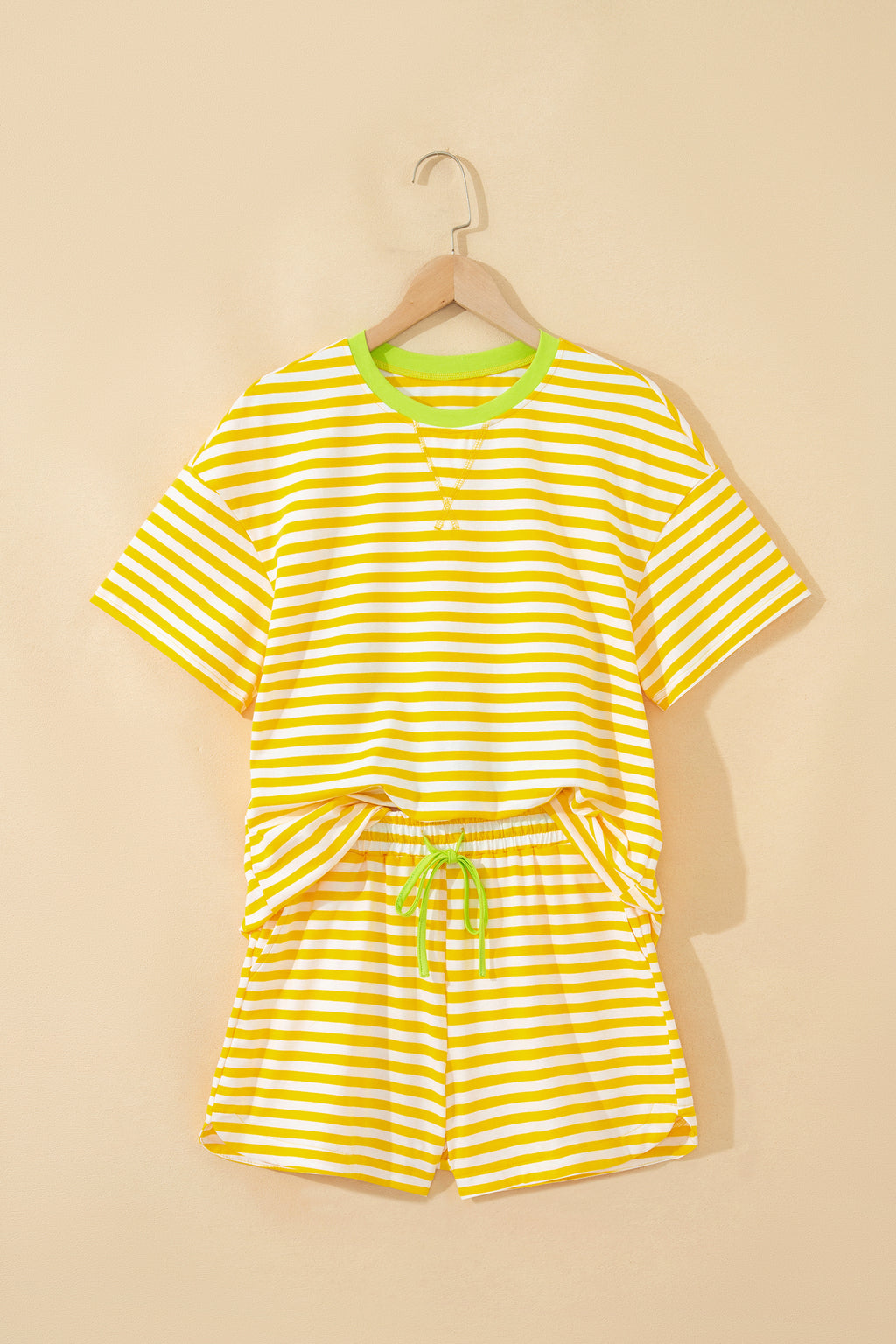 Pink Stripe Contrast Neck Loose Tee and Drawstring Shorts Set