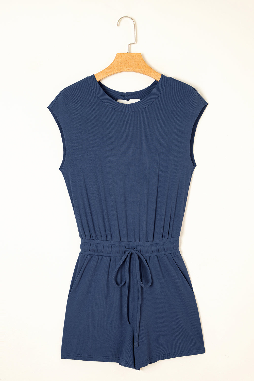 Ashleigh Blue Knit Open Back Cap Sleeve Drawstring Elastic Waistband Romper