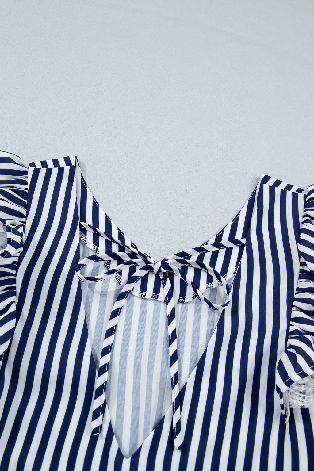 Blue Stripe V Neck Lace Contrast Ruffle Trim Tank Top