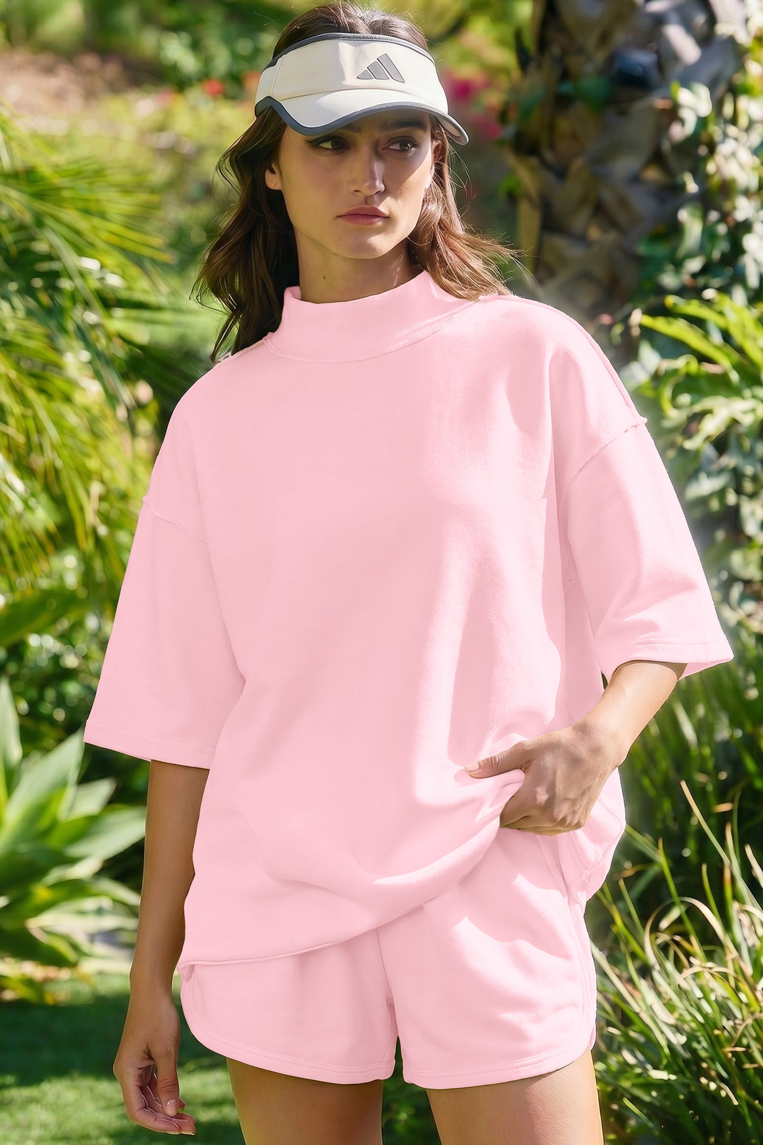 Yellow Cream Solid Color Exposed Seam Mock Neck Oversize Tee Casual Shorts 2pcs Outfit