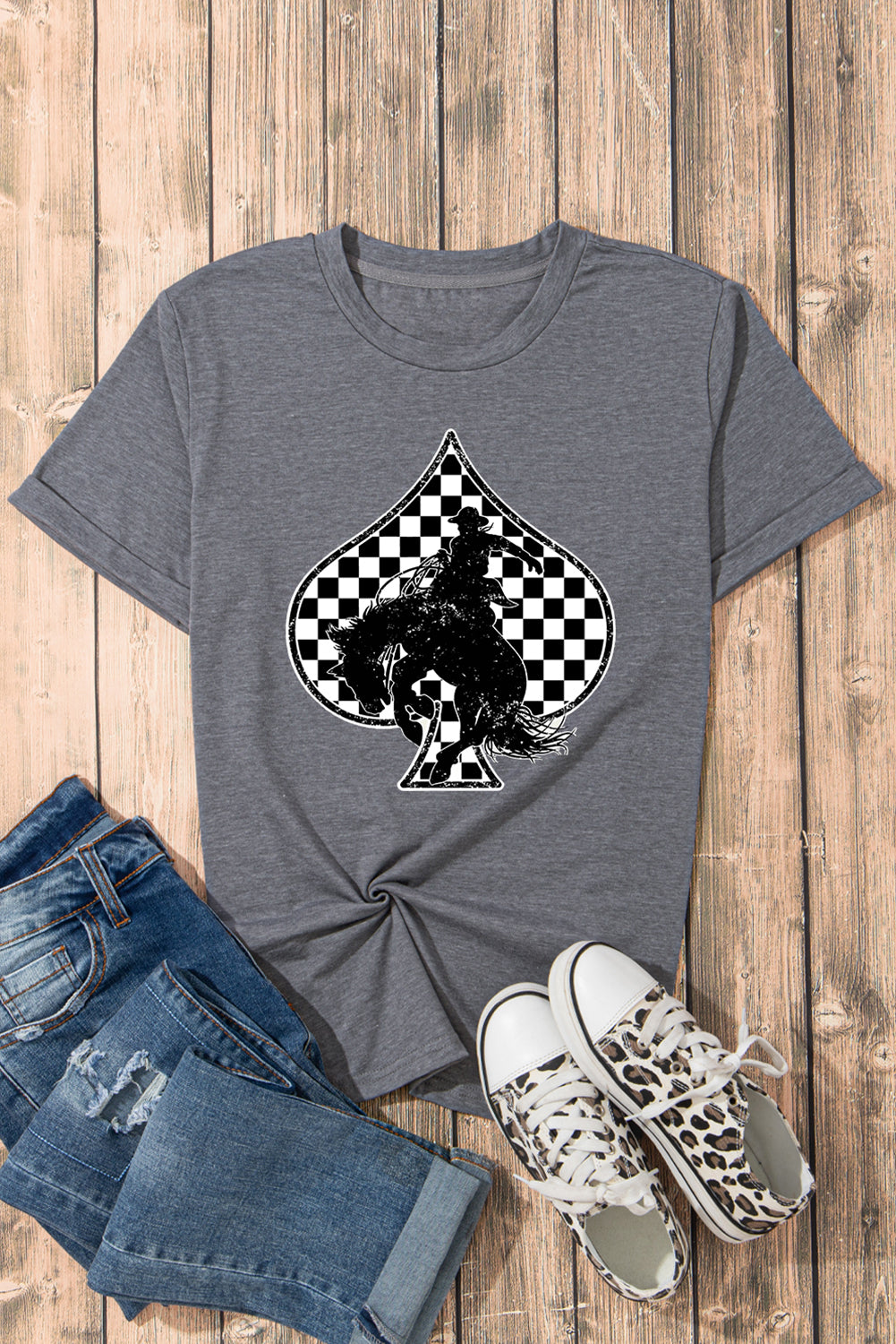 Gray Rodeo Check Spades Western Graphic T Shirt