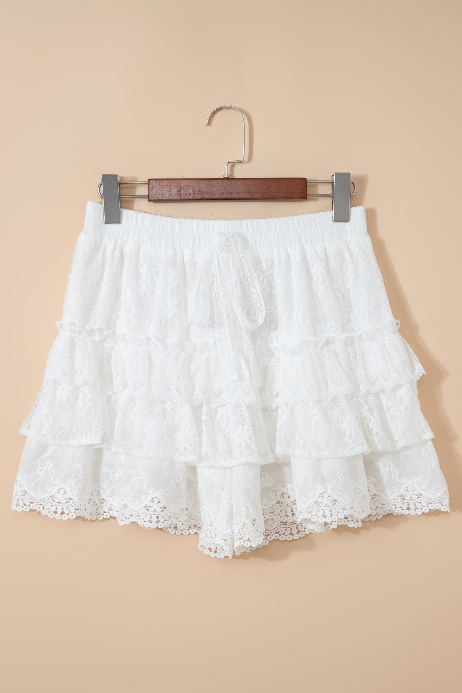 White Lace Ruffle Tiered Drawstring Elastic Waist Sweet Shorts