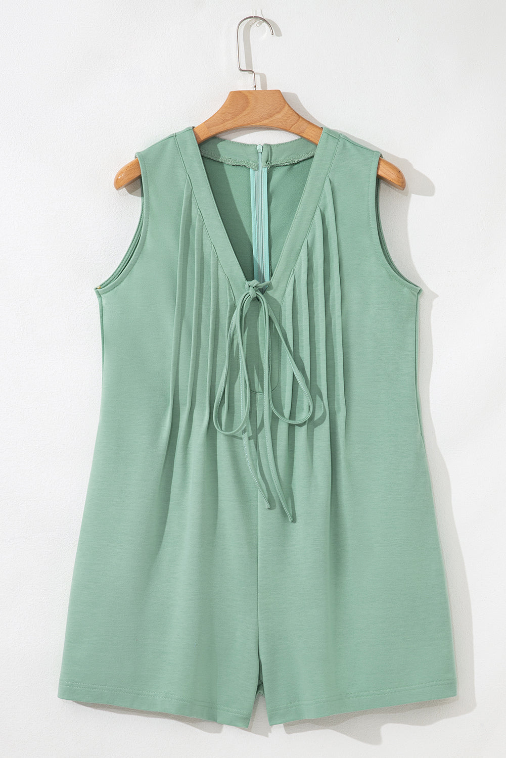 Smoke Green Tie V Neck Pintuck Sleeveless Loose Romper