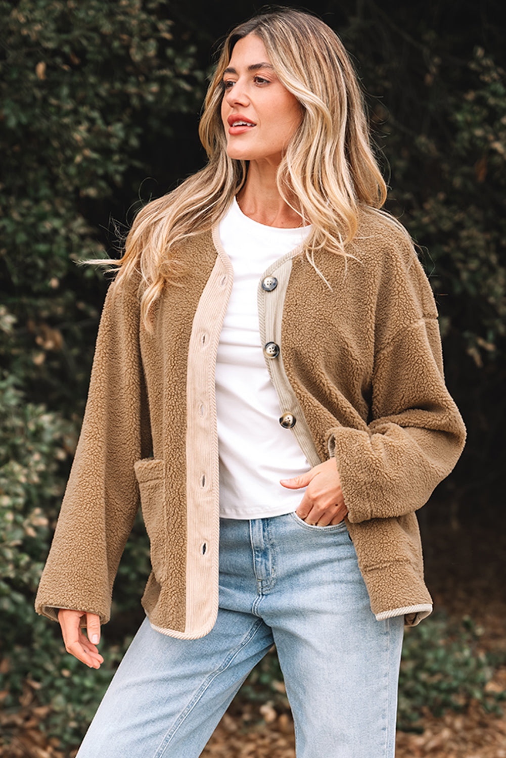 Light French Beige Puffy Plush Corduroy Edge Patchwork Jacket with Big Pockets