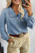 Beau Blue Ruffled Peter Pan Collar Western Denim Shirt