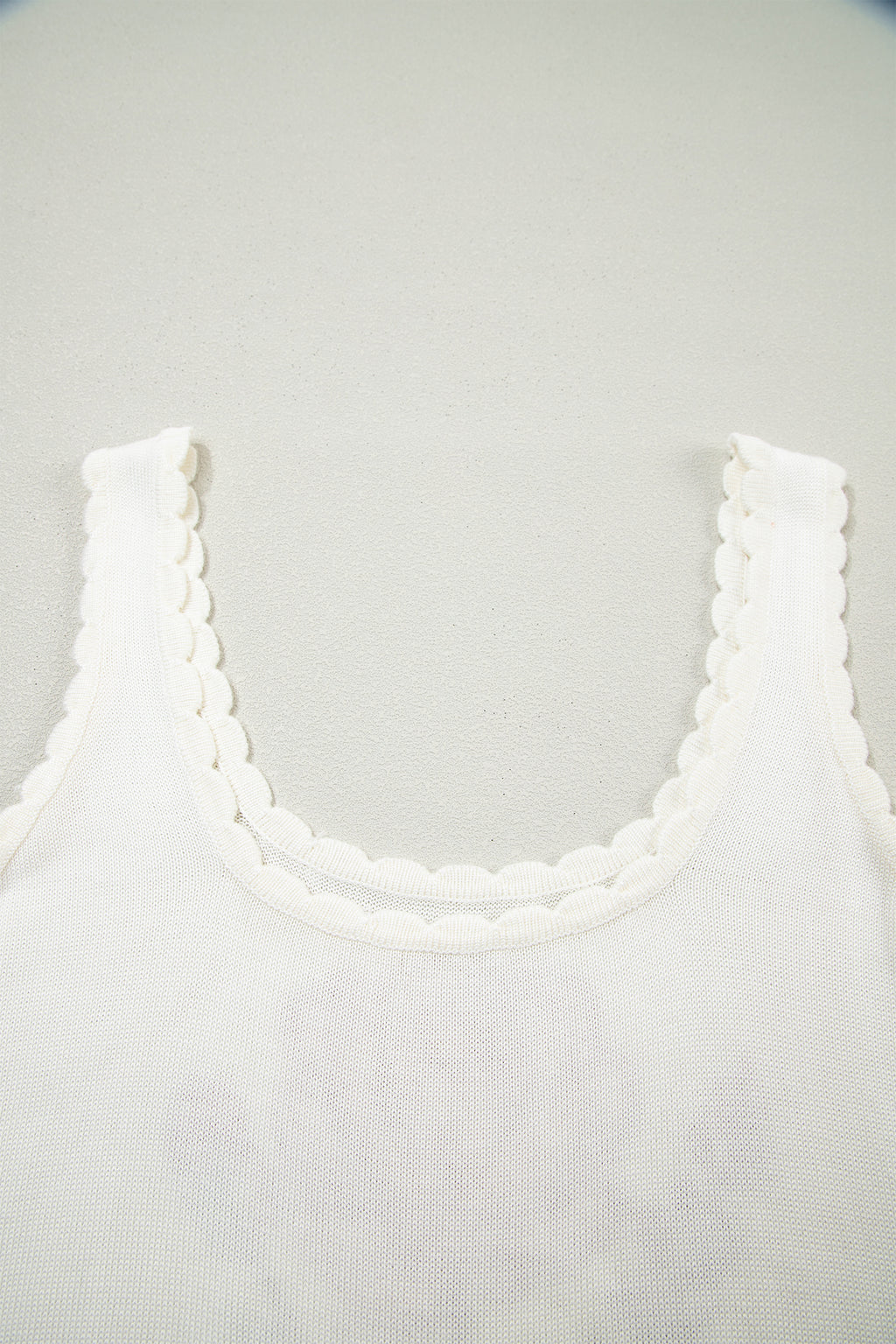 White Retro Floral Print Scalloped Square Neck Knit Sweater Vest
