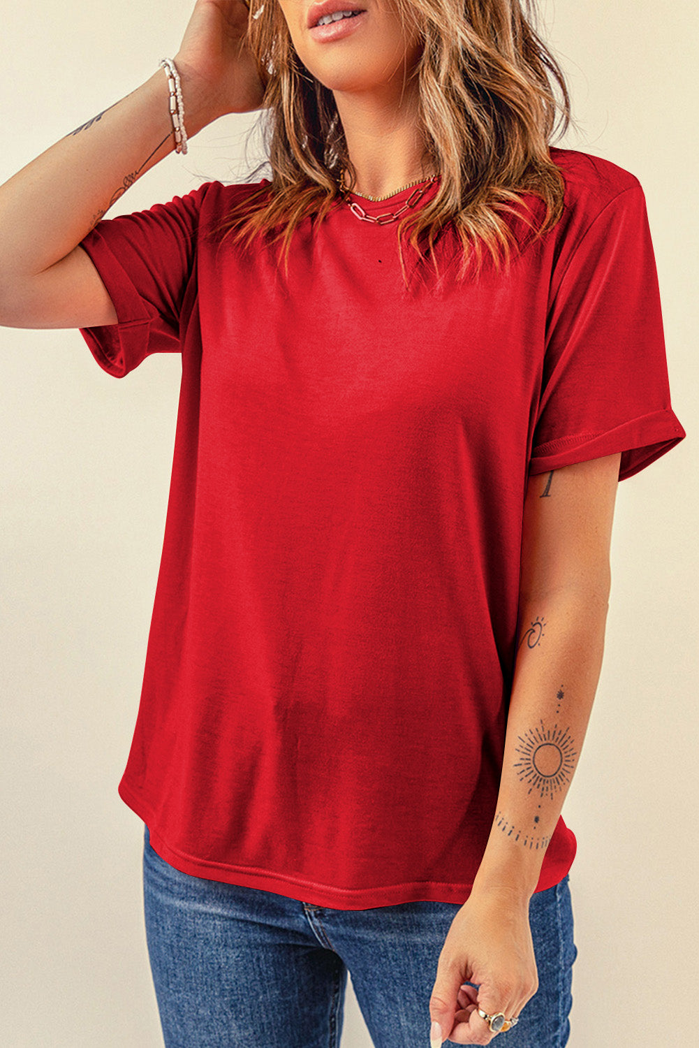 Dark Blue Casual Plain Crew Neck Tee