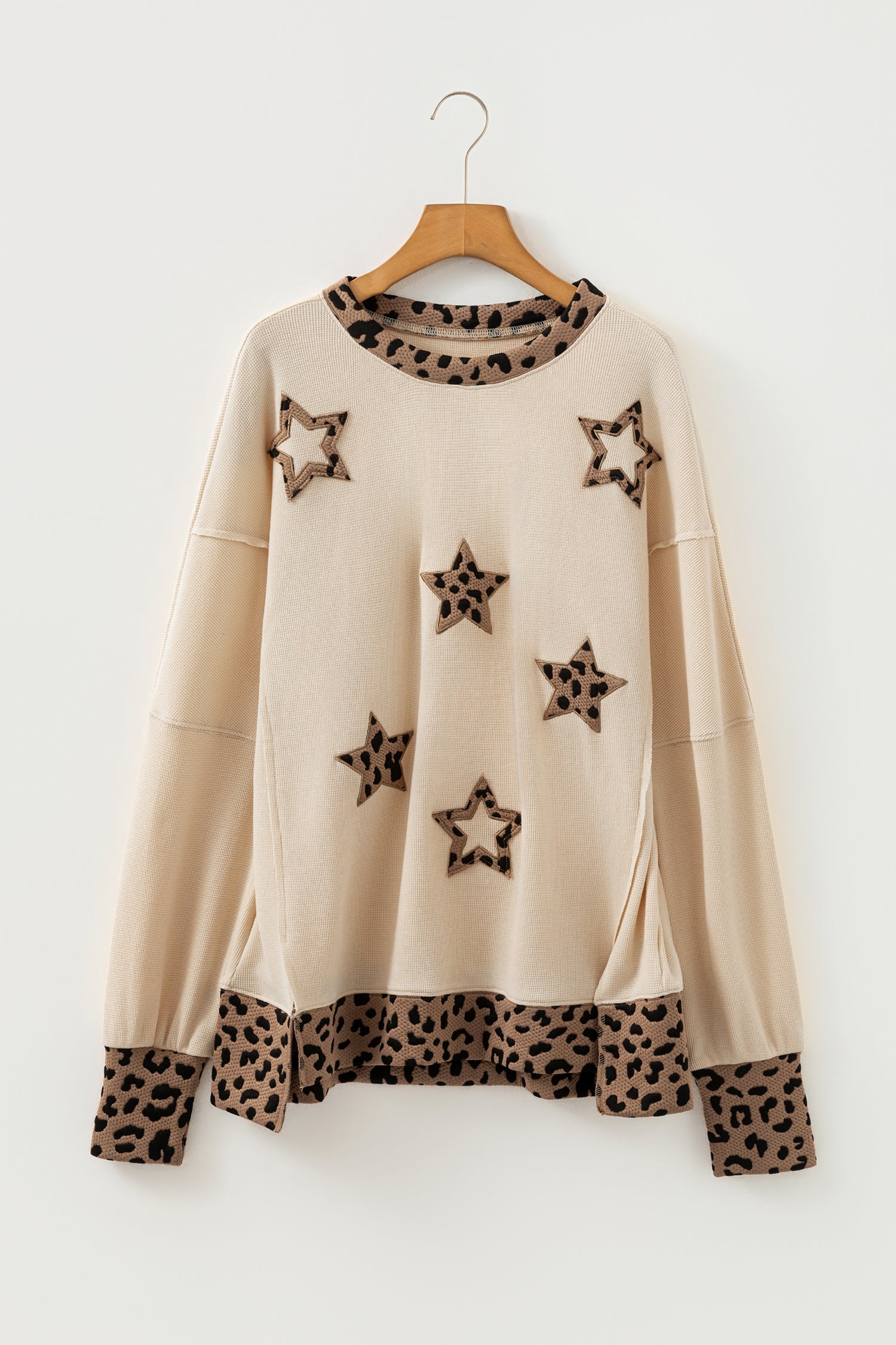 Beige Contrast Leopard Star Patchwork Detail Raw Seam Baggy Sweatshirt