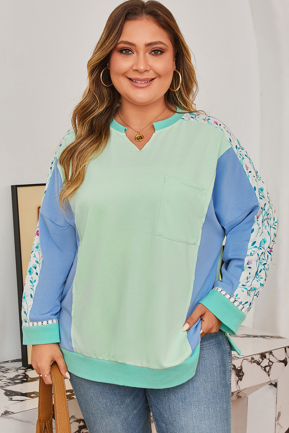 Green Color Block Floral Patchwork Long Sleeve Notched Neck Plus Size Top