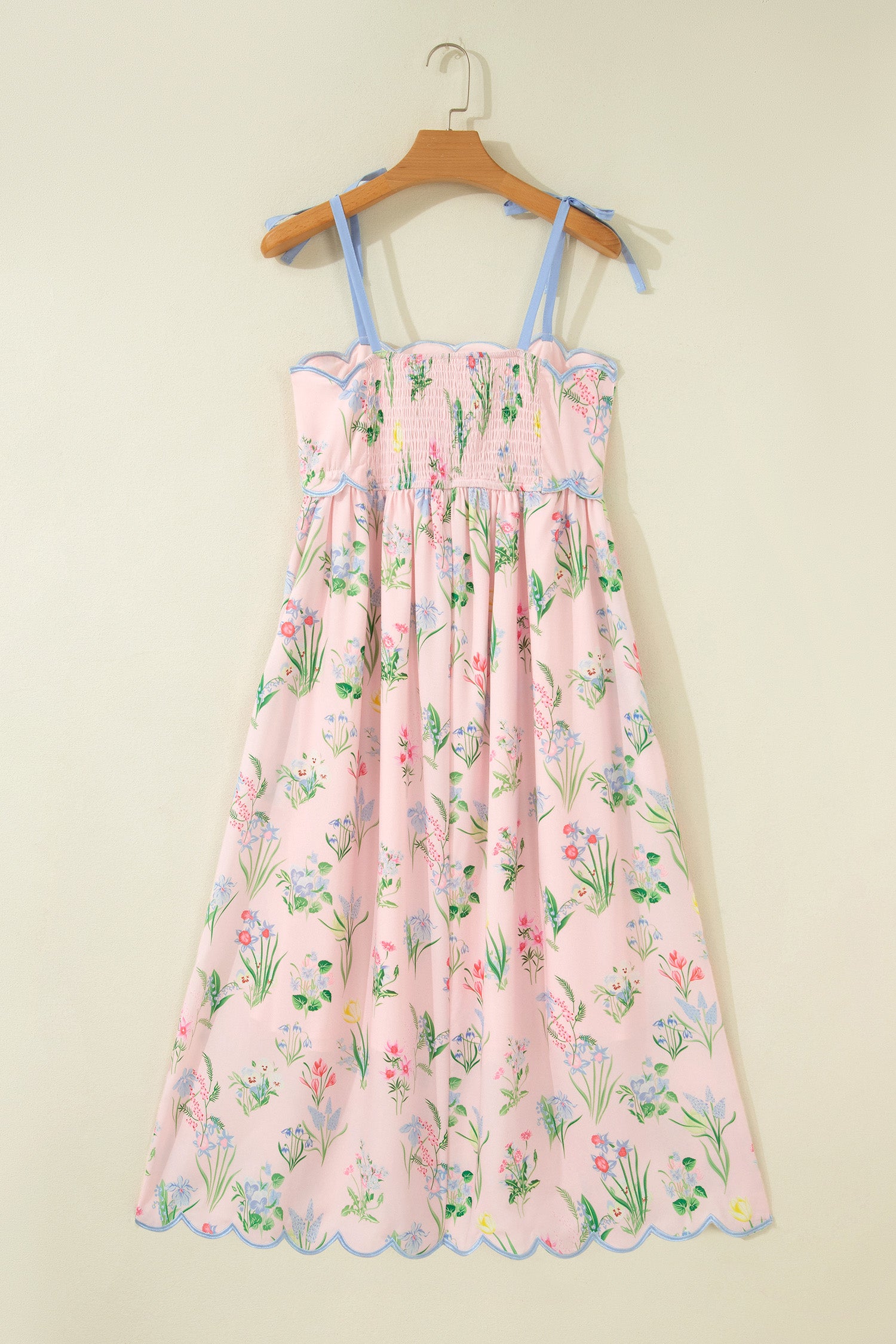 Pink Floral Print Contrast Trim Self-tie Straps High Waist Midi Dress