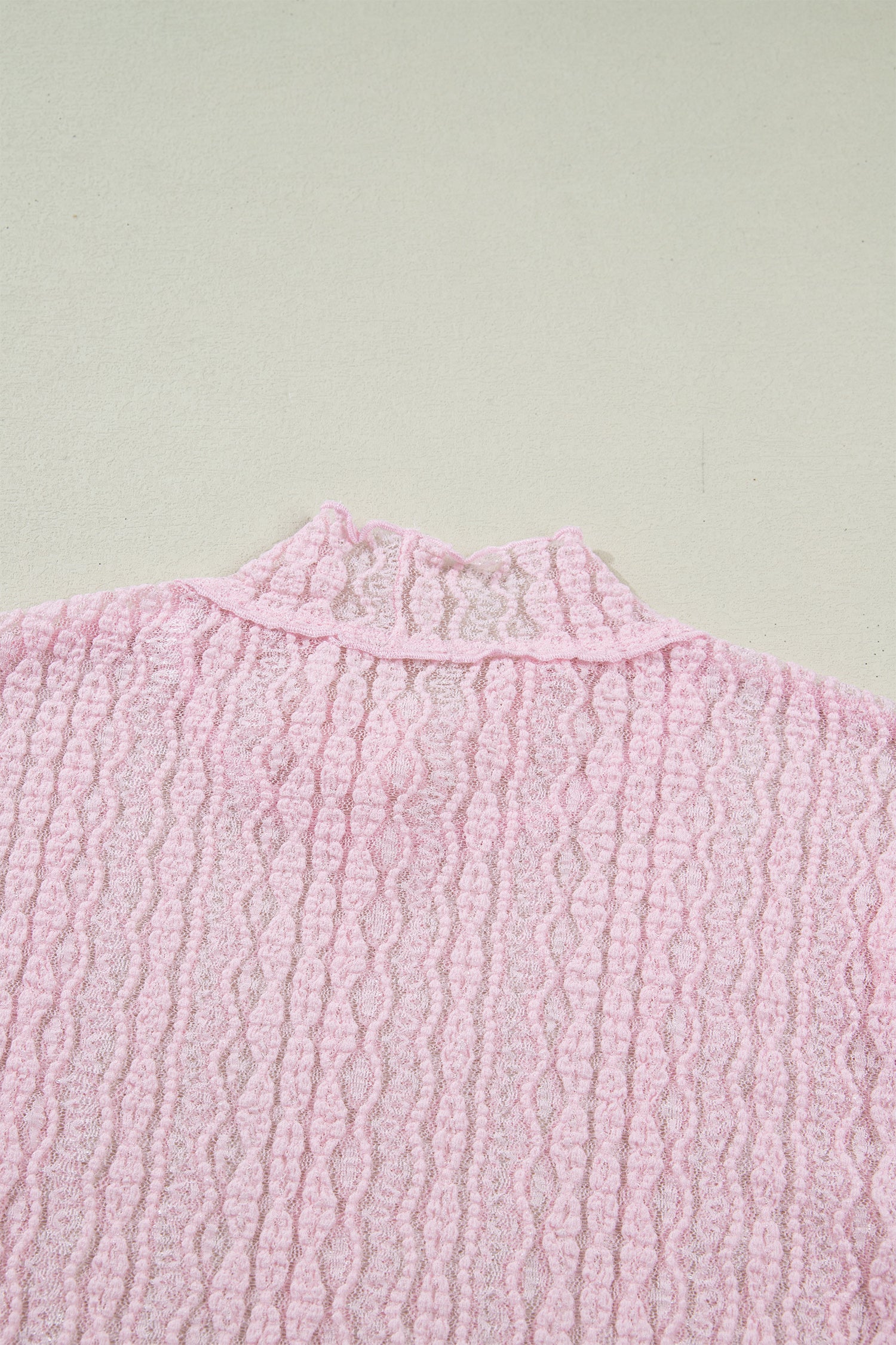 Light Pink Flounced Long Sleeve Mock Neck Sheer Lace Top