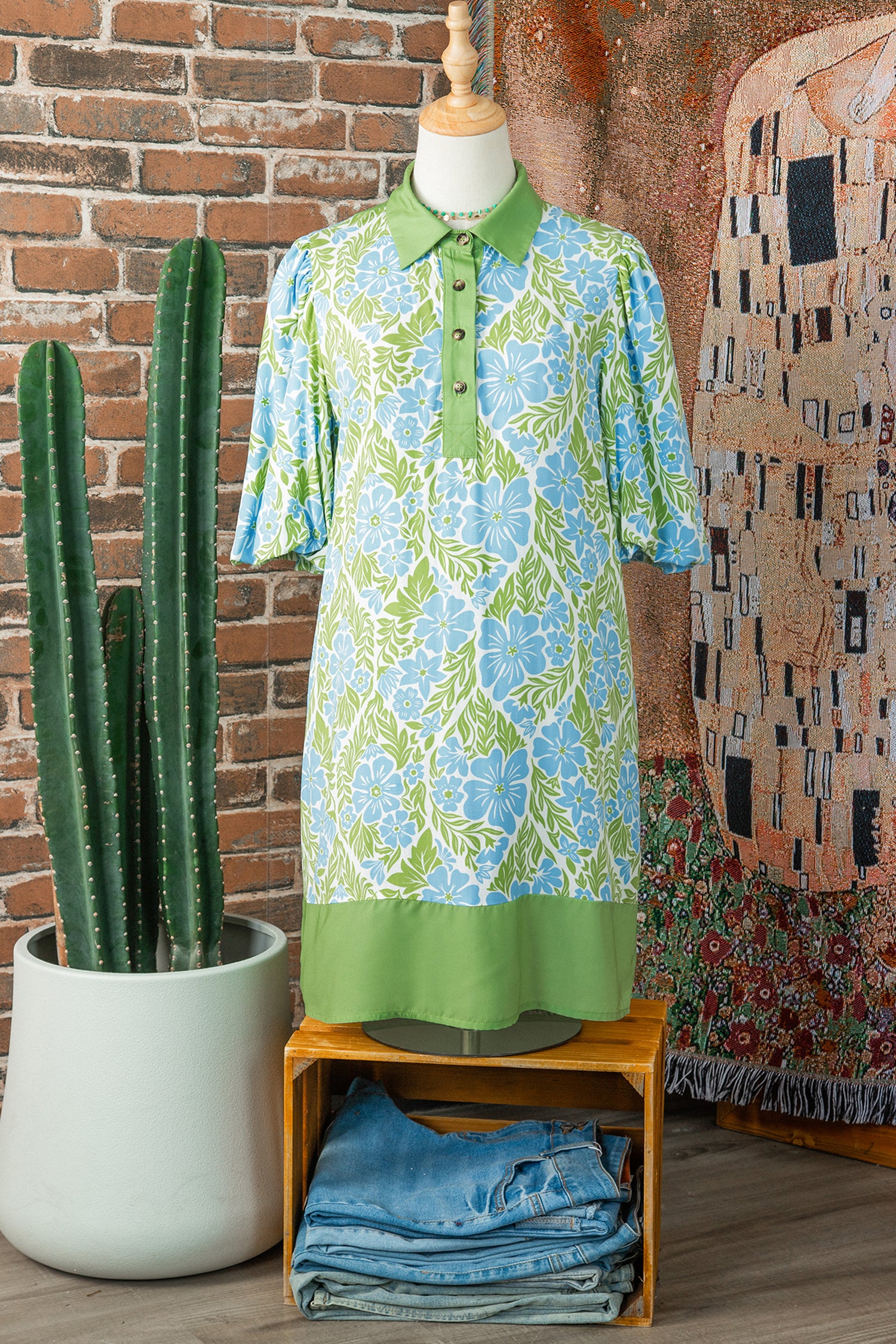 Sky Blue Floral Print Color Block Patchwork Shirt Collar Half Sleeve Mini Dress