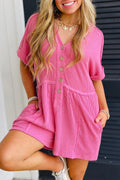Bright Pink Spiral Ribbed Short Sleeve V Neck Buttoned Romper with Pocket