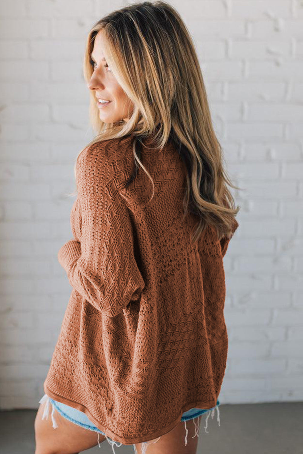 Redwood Burl Mix Pattern Hollowed Knit Open Front Cardigan