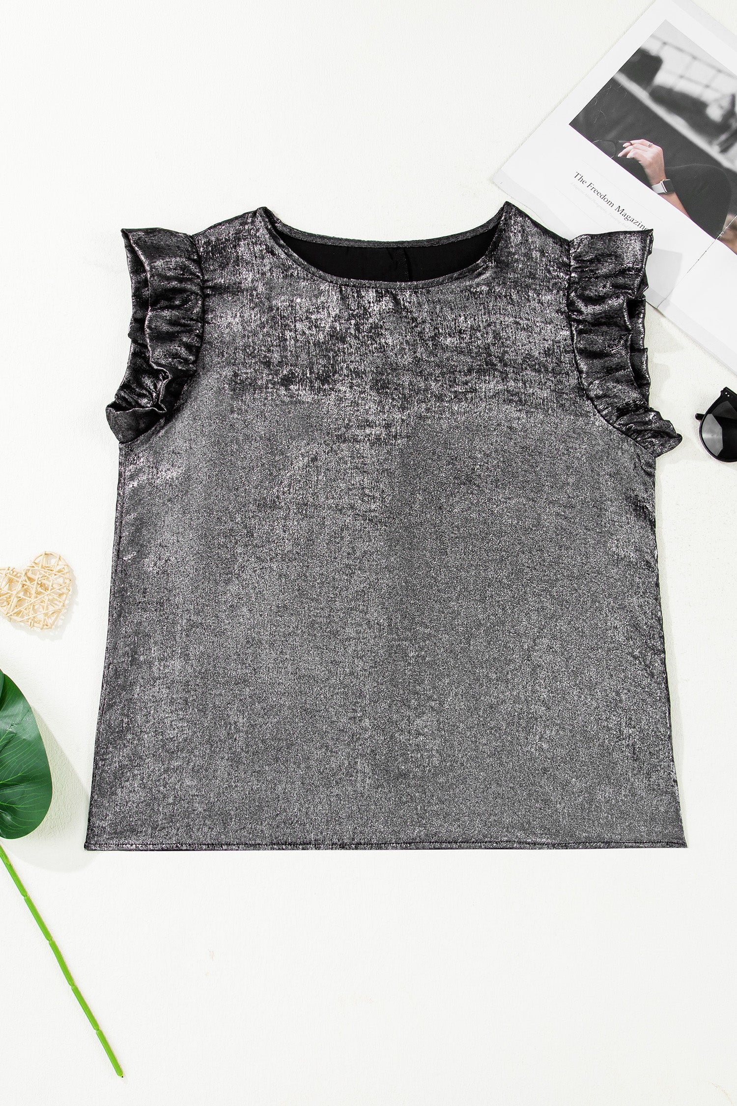 Silvery Metallic Round Neck Ruffle Trim Sleeveless Top