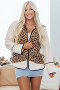 Brown Leopard Star Hooded Patchwork Contrast Piping Open Front Jacket