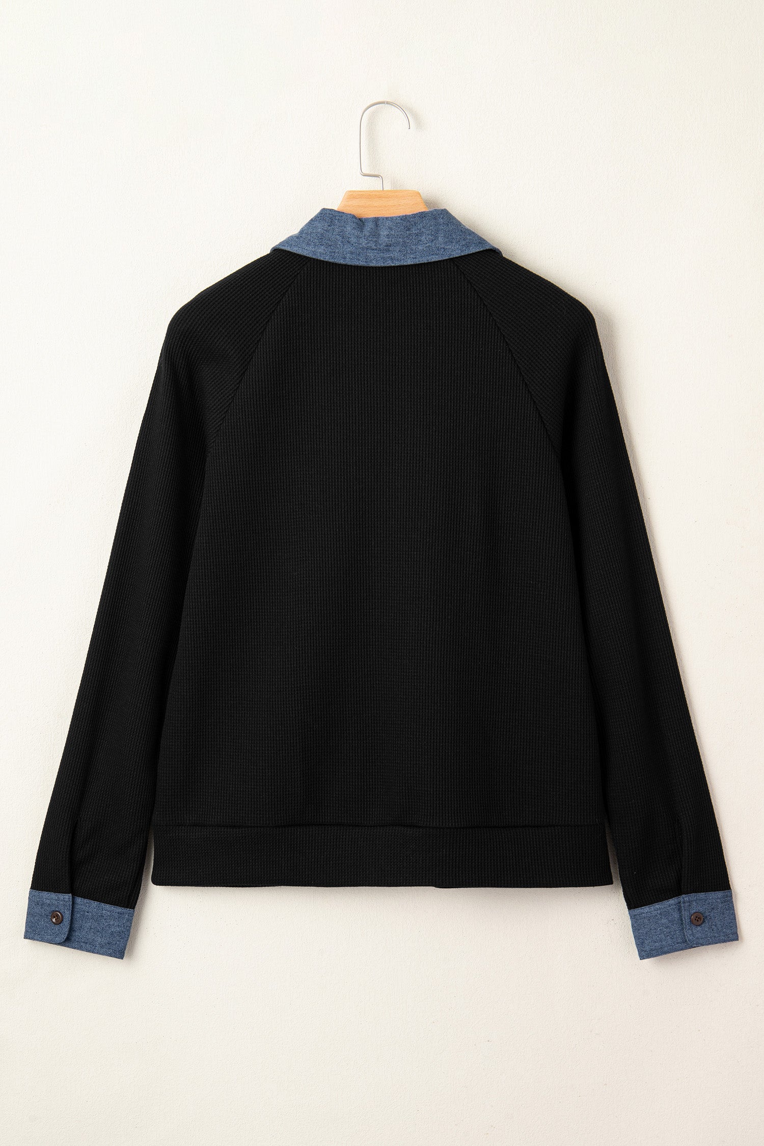 Black Textured Knit Denim Patchwork Button Polo Collar Long Sleeve Top