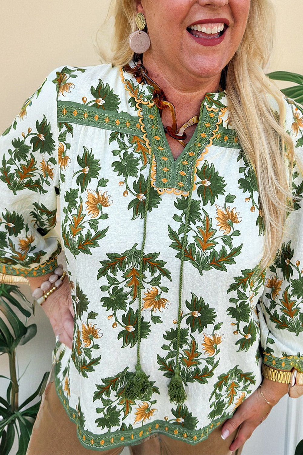 Green Plus Size Floral Printed Contrast Patchwork Detail Tassel Tie 3/4 Sleeve Blouse