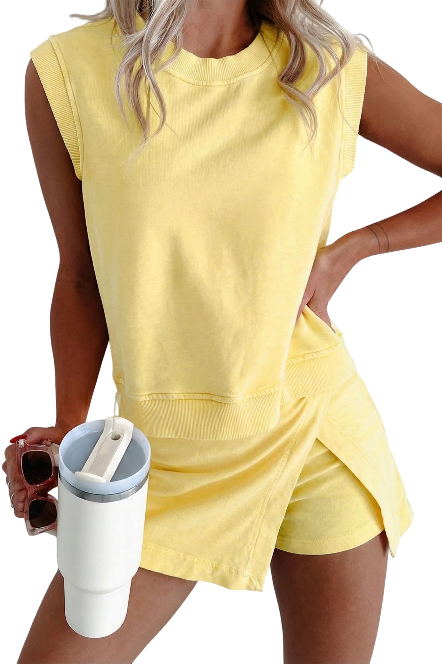 Phalaenopsis 2 Pieces Mineral Wash Cotton Tank Top Lined Split Skort Set