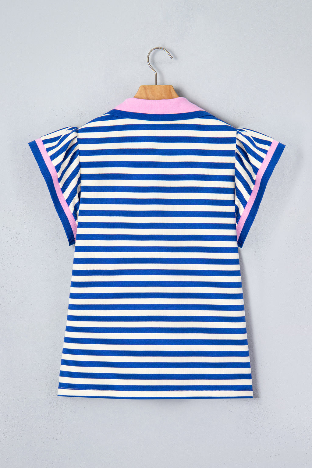 Green Stripe Contrast Trim Polo Collar Ruffled Short Sleeve Blouse