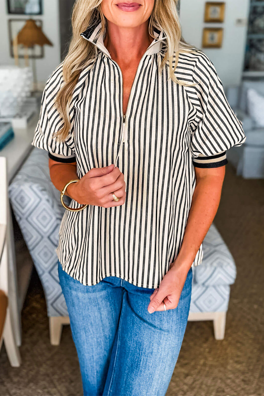 Black Stripe Polo Collar Half Zip Short Puff Sleeve Blouse
