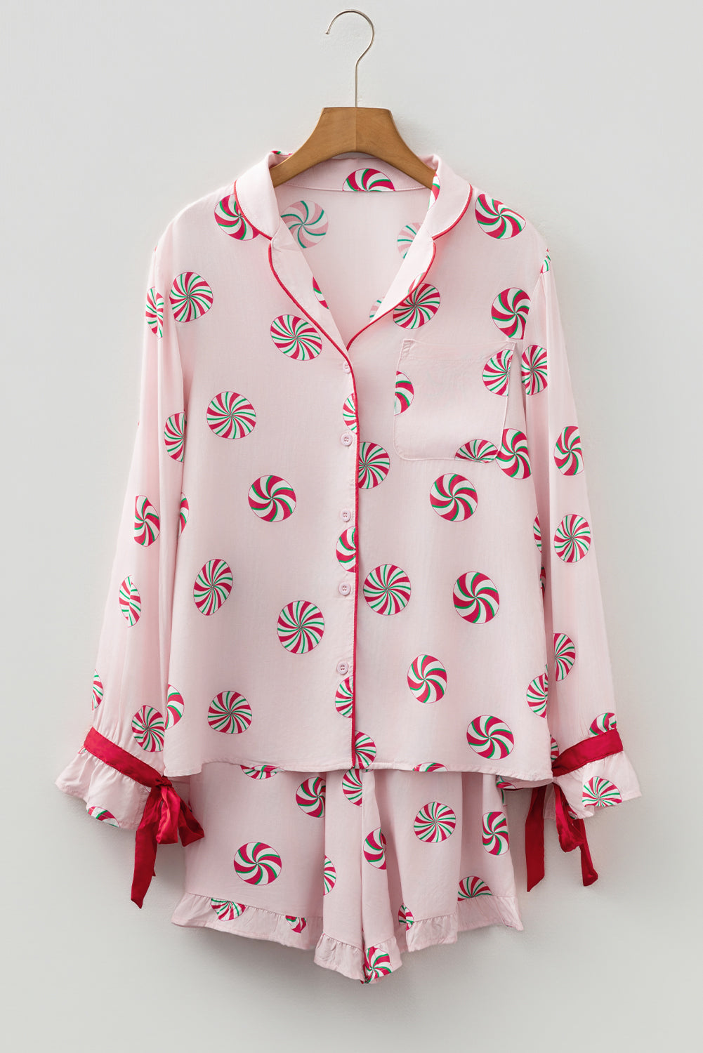 Pink Christmas Candy Contrast Trim Bow Knot Silky 2pcs Pajama Set