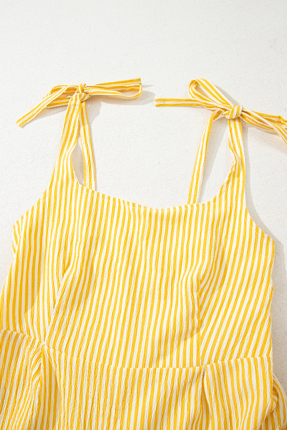 Yellow Stripe Shoulder Tie Smocked Back Wide Leg Casual Romper