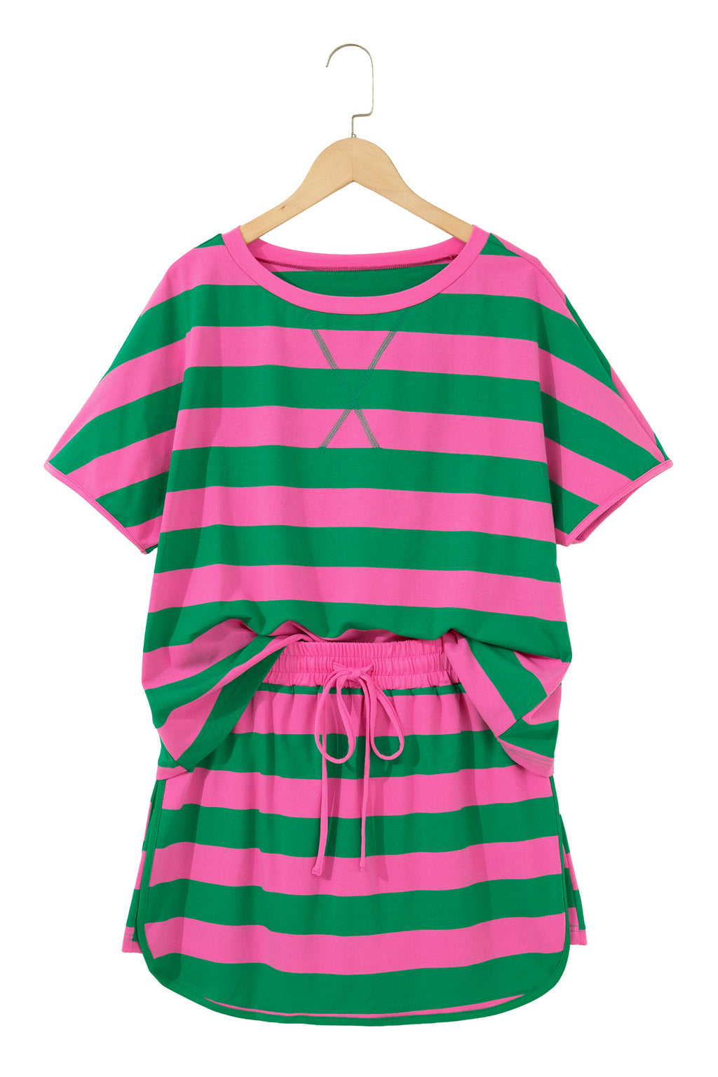 Pink Stripe Dolman Tee Drawstring Skort Athletic 2pcs Set
