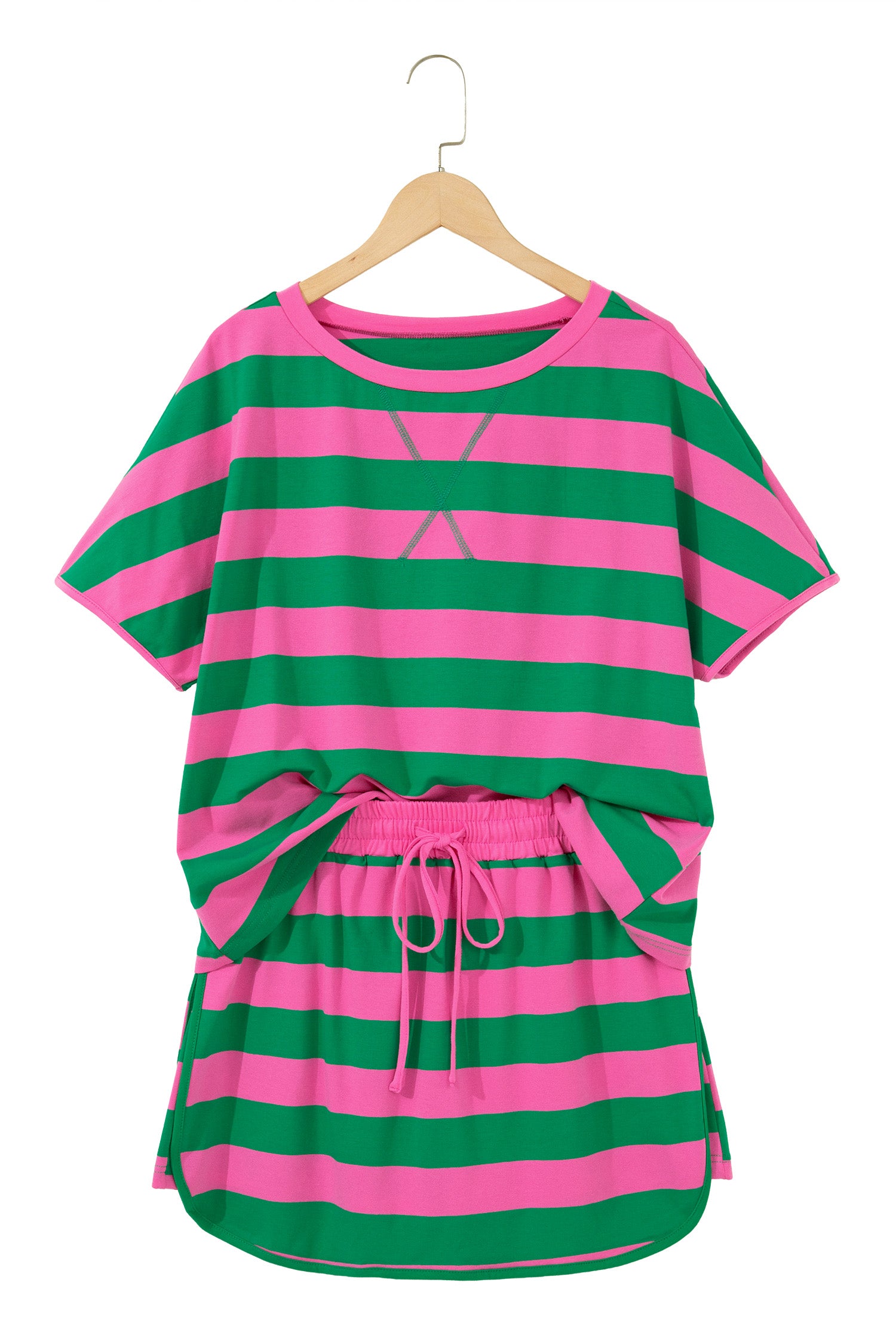 Pink Stripe Dolman Tee Drawstring Skort Athletic 2pcs Set