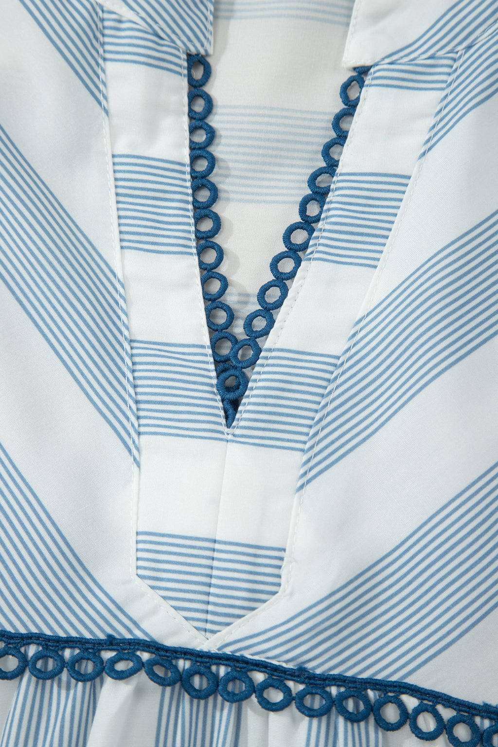 Sky Blue Stripe Subtle Lace Detail V Neck Ruffle Trim Casual Dress