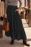 Beau Blue Elastic Waist Ruffled Tiered Flared Denim Maxi Skirt