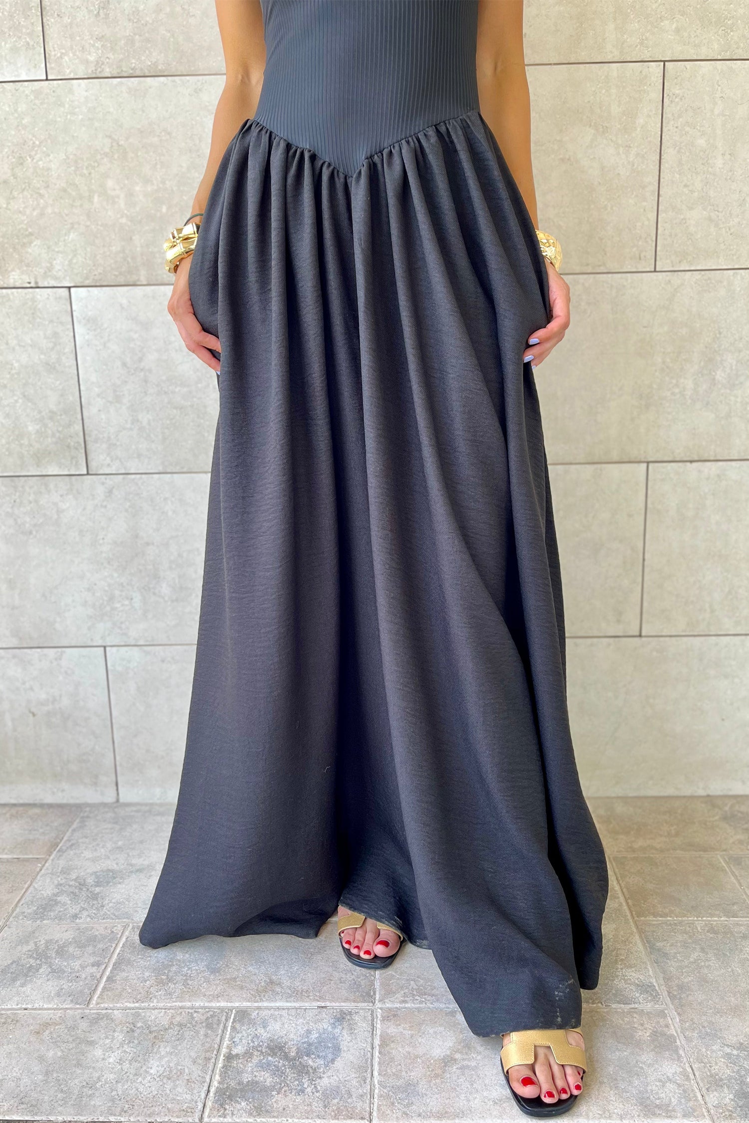 Black Spaghetti Straps Drop Waist Ribbed Patchwork Maxi Dress