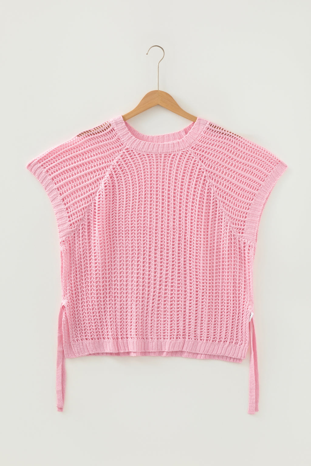Pink Plus Size Open Knit Bow Tie Short Sleeve Sweater