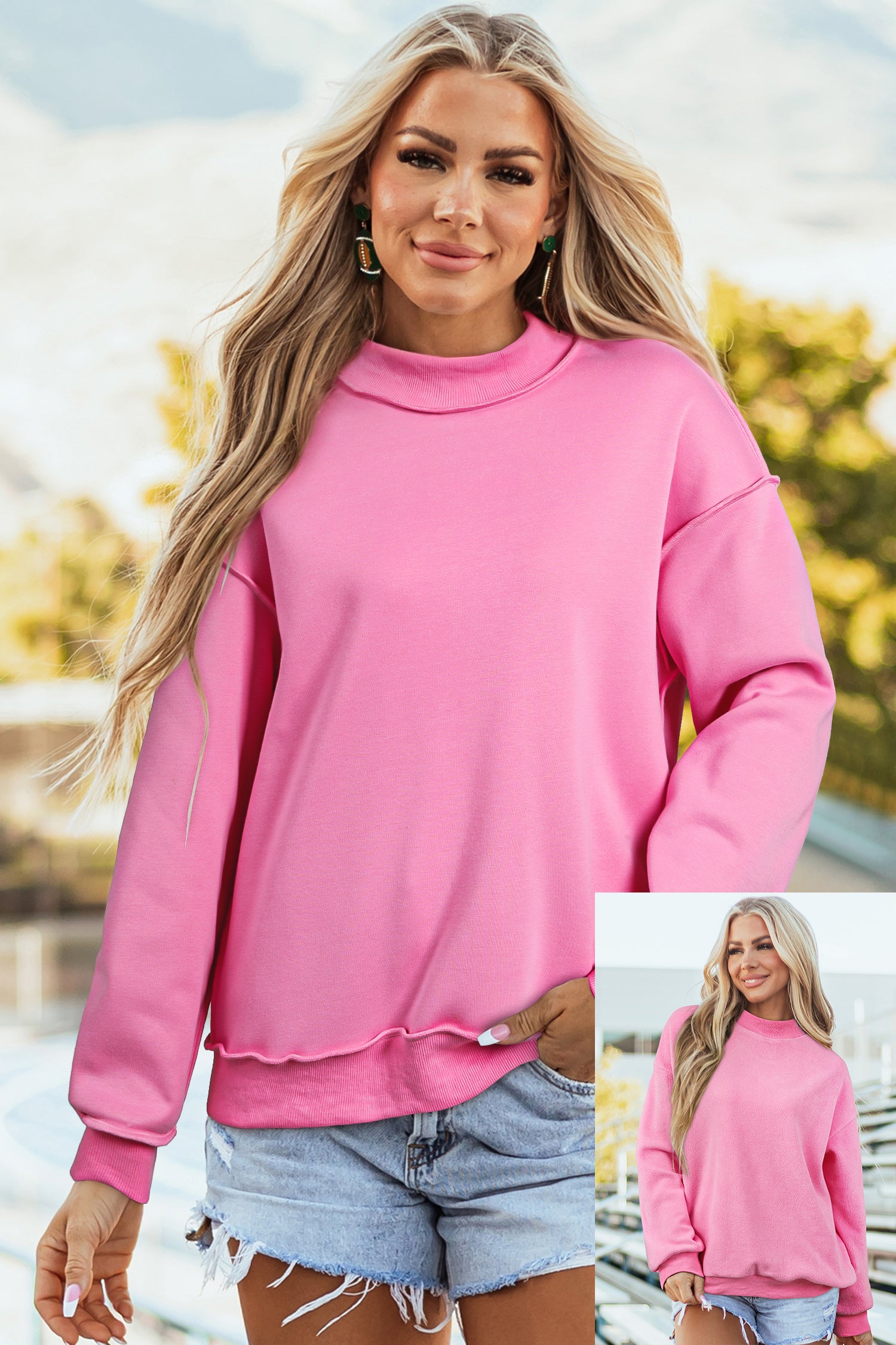 Red Dahlia Oversize Drop Shoulder Reversible Mock Neck Sweatshirt