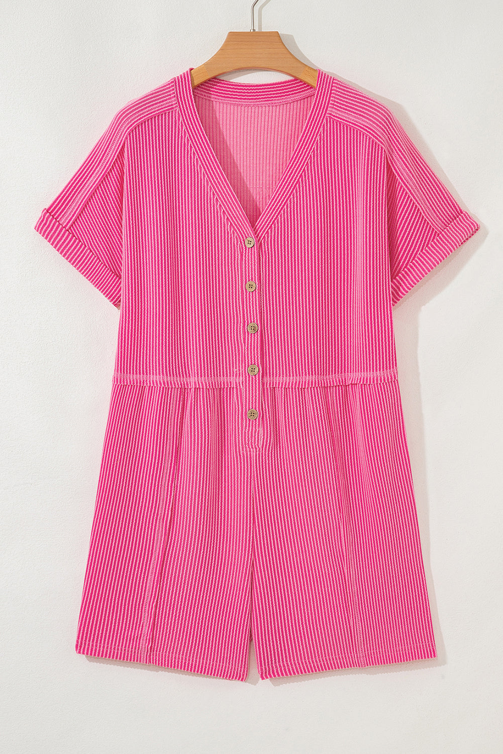 Bright Pink Spiral Ribbed Short Sleeve V Neck Buttoned Romper with Pocket