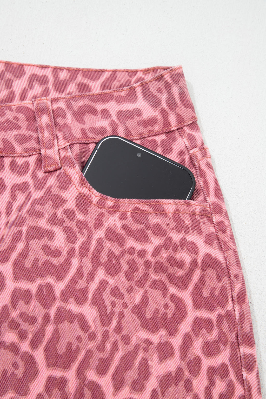 Rose Leopard Frayed Edge Wide Leg High Waist Jeans