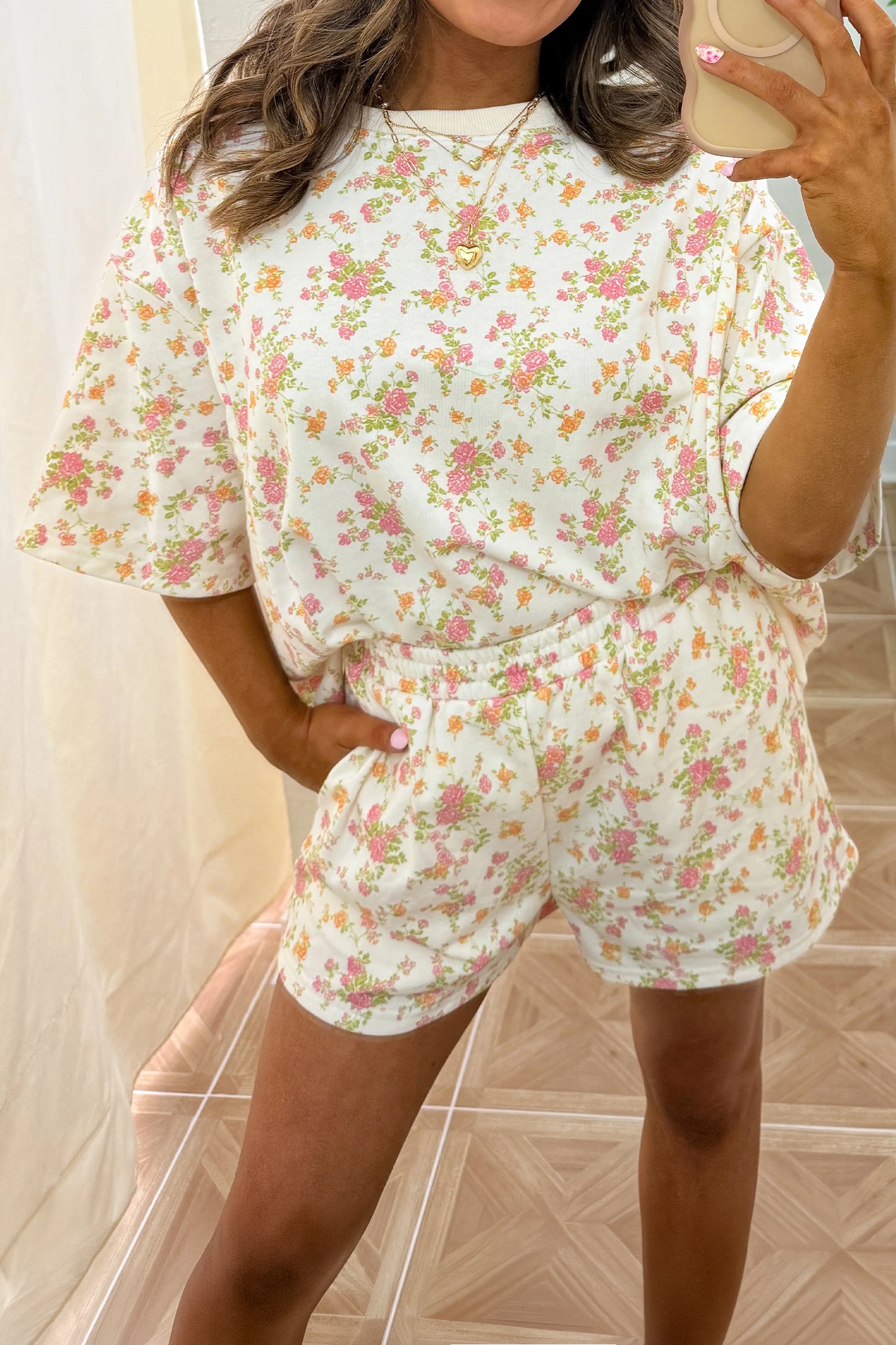 Sky Blue Floral Print Short Sleeve Elastic Waist Pocket Casual Two Piece Short Sets