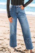 Stone Blue Star Patchwork Cropped Wide Leg High Waist Jeans