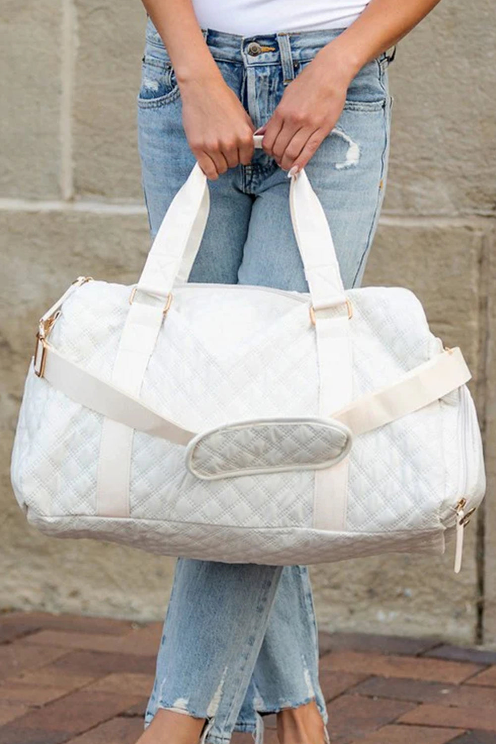 White Rhombus Textured Waterproof Travel Duffel Bag