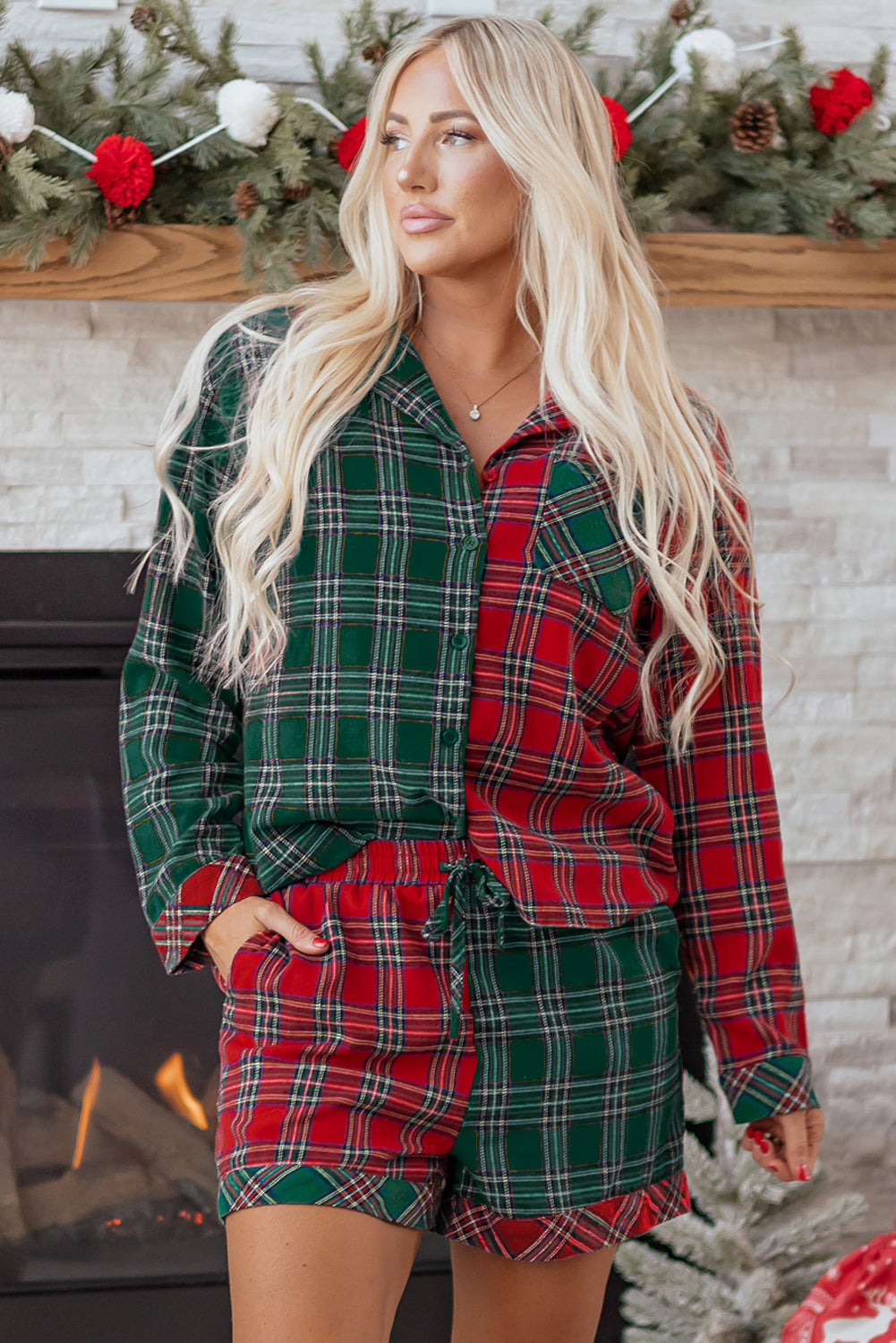 Dearlovers Red Plaid Contrast Patched Christmas Holiday Long Sleeve Shirt and Short 2pcs Pajama Set