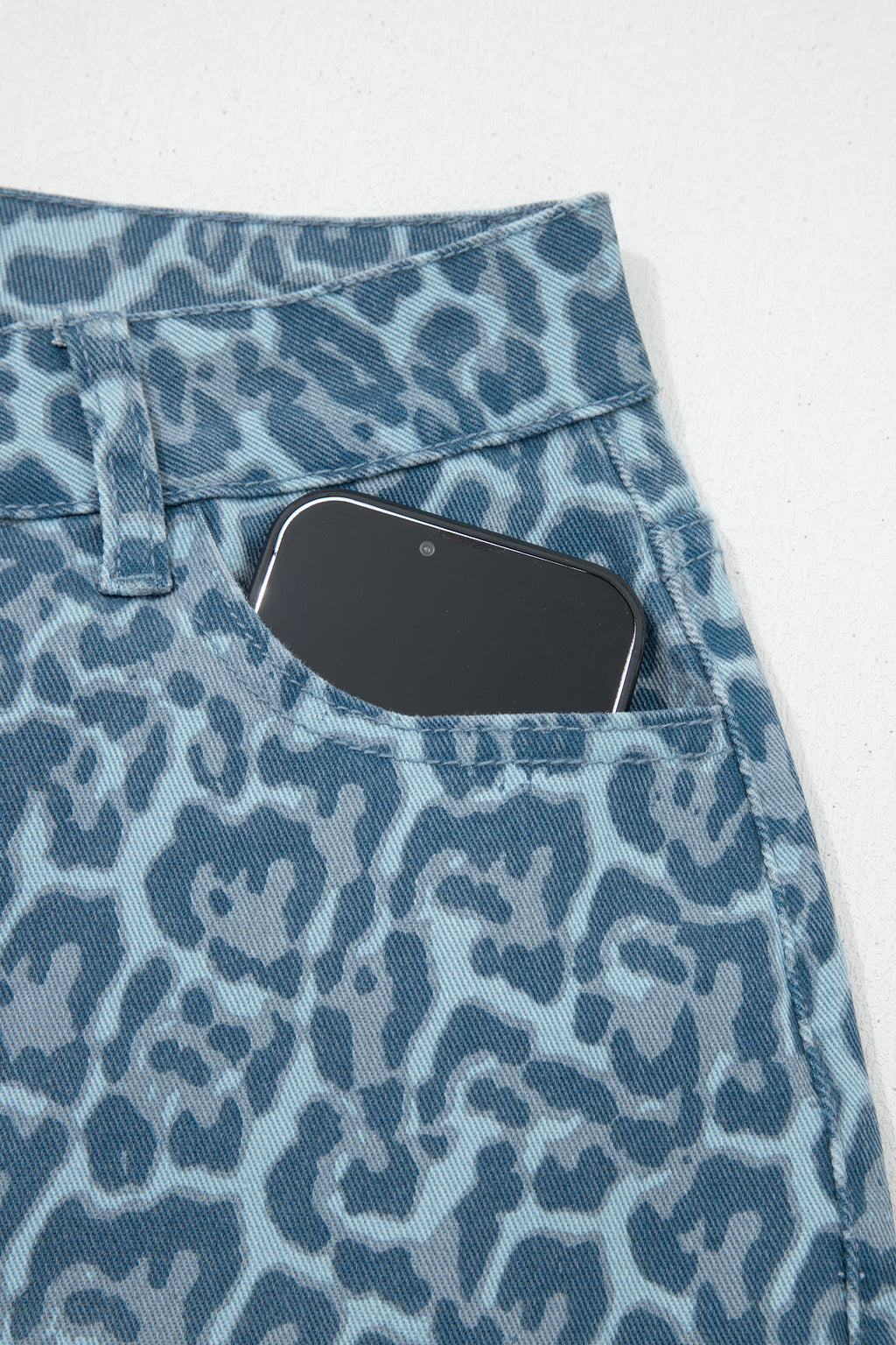 Sky Blue Leopard Frayed Edge Wide Leg High Waist Jeans