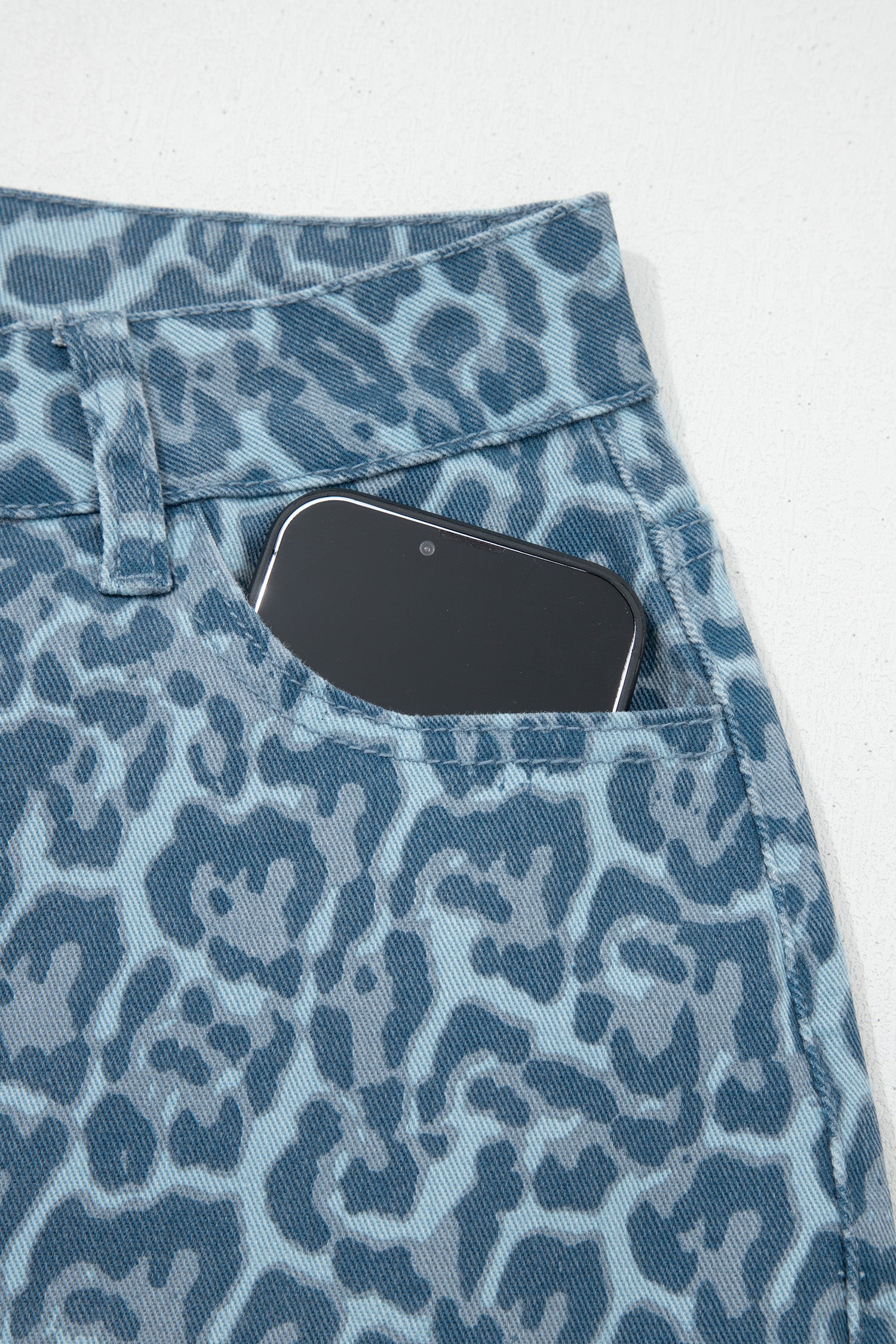 Sky Blue Leopard Frayed Edge Wide Leg High Waist Jeans