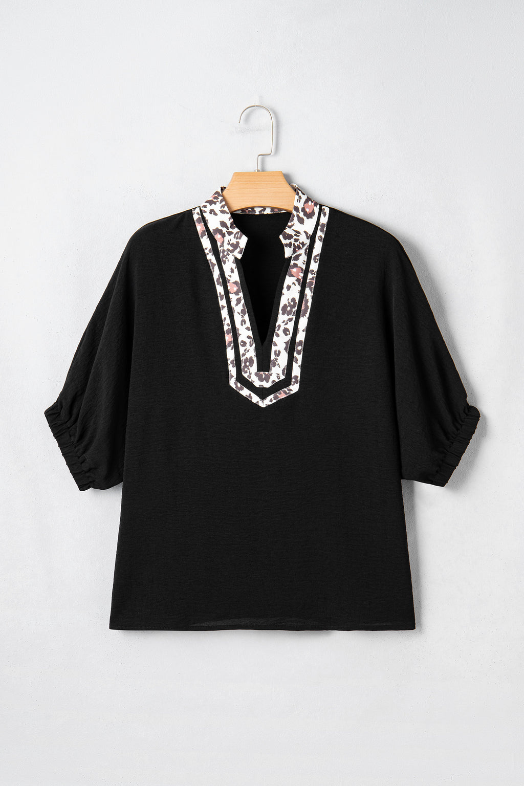 Black Dolman Half Sleeve Leopard Patchwork Trim V Neck Blouse