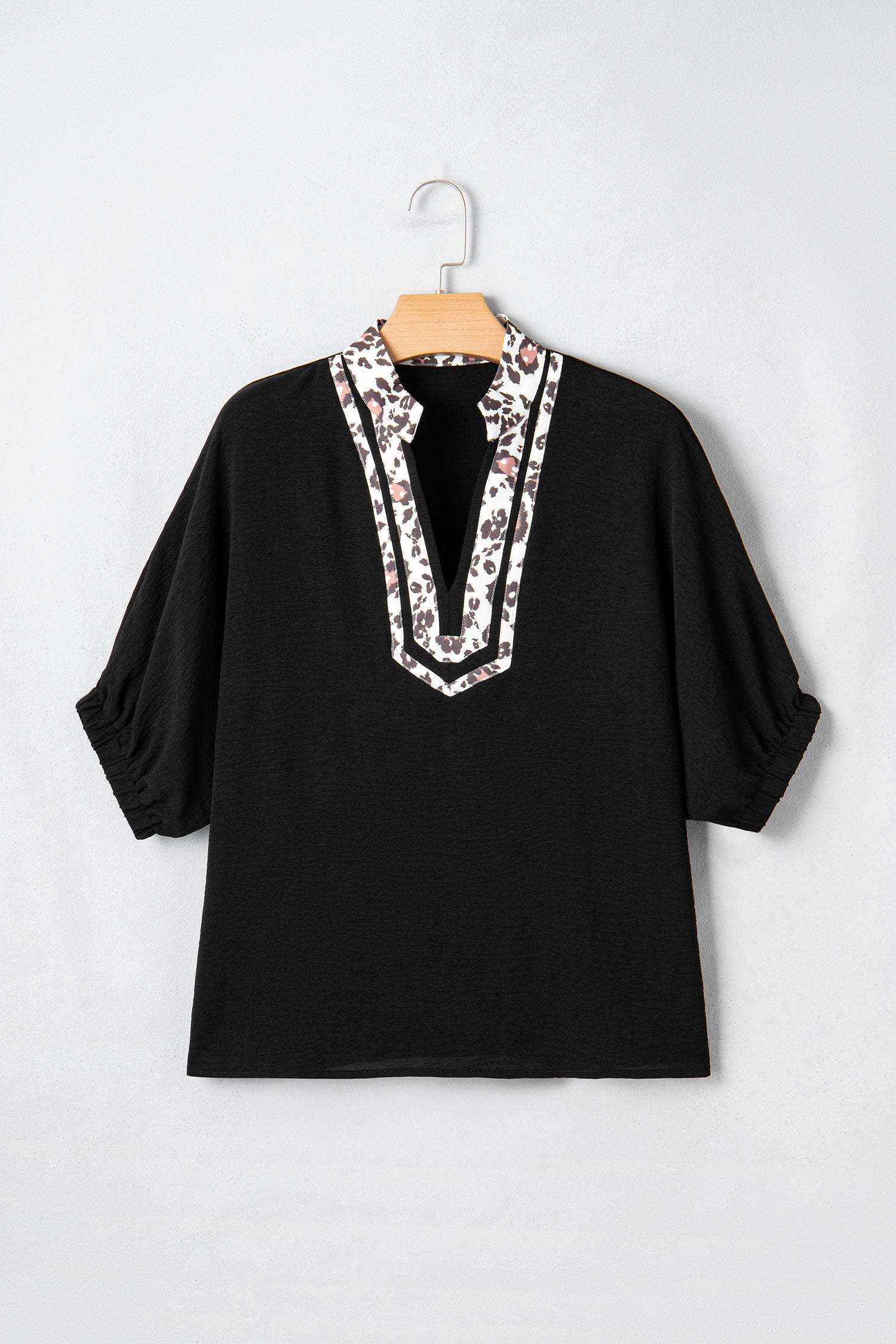 Black Dolman Half Sleeve Leopard Patchwork Trim V Neck Blouse