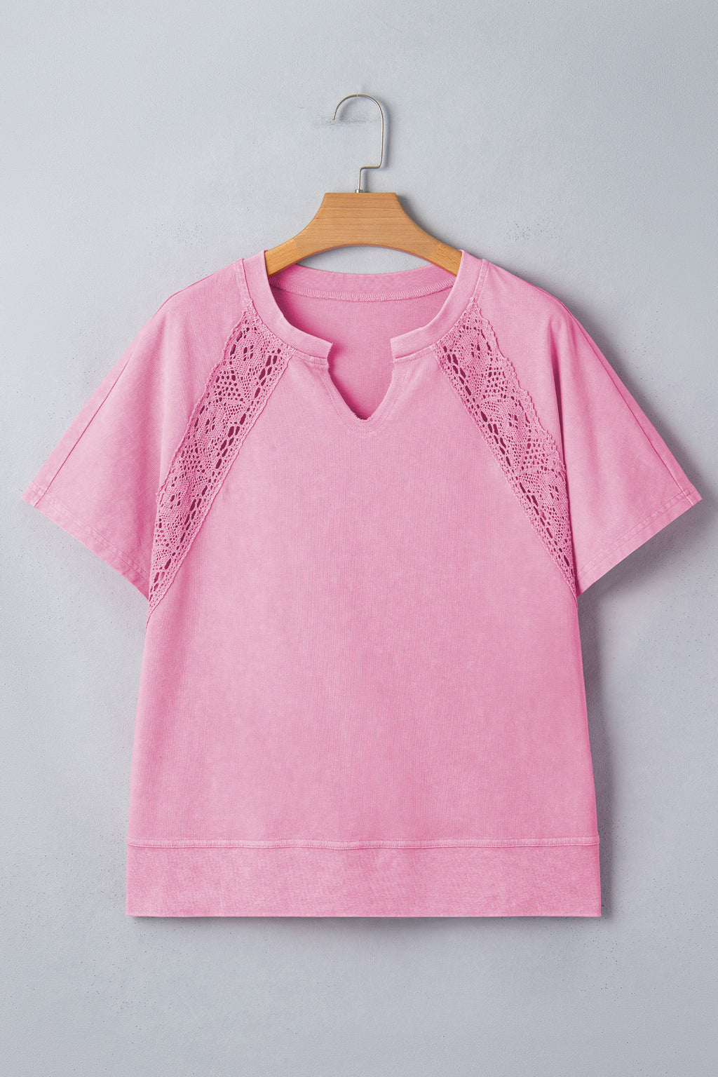Mint Green Raw Cut Notched Neck Lace Patchwork Detail Mineral Wash Tee
